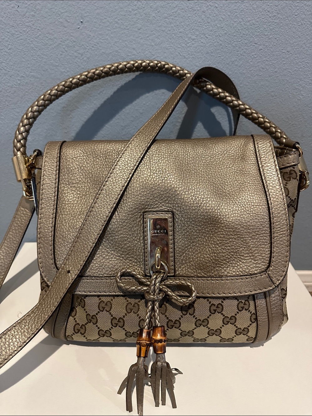 Gucci Metallic Taupe GG Canvas Shoulder Bag